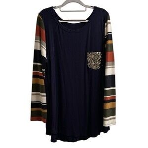 Women’s Blue Contrast Striped Sequin Crew Neck Raglan Sleeve Casual Top Size 2x